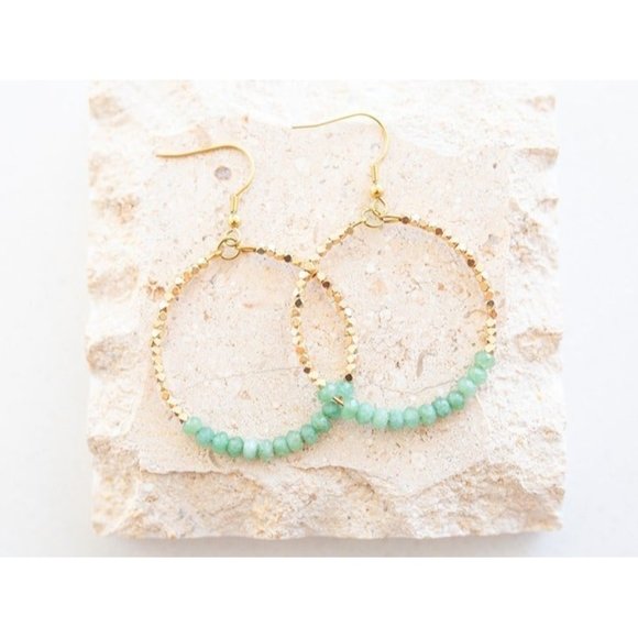 Sparkly Gemstone Beaded Hoops Earrings Natural Green Aventurine Beaded Hoops - Picture 2 of 11